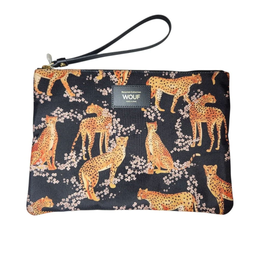 WOUF Salome XL Pouch Bag Leopard Print Clutch Bag Recycled Leather Black NEW - Picture 7 of 16